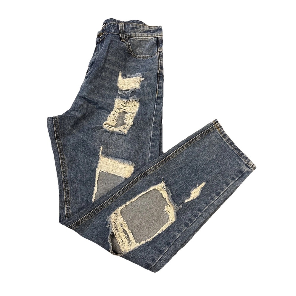 Fashion Nova Janel Boyfriend Jeans XL Distressed Ripped Denim NWT‎